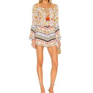 Maaji Calix Floral Off Shoulder Bell Sleeve Romper Tassel Tie Size Medium Boho